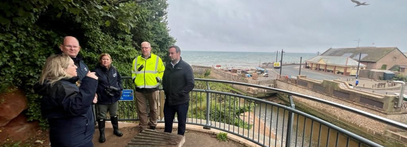 Simon Jupp MP (right) and Susan Davy (left) with South West Water officials at The Ham, Sidmouth